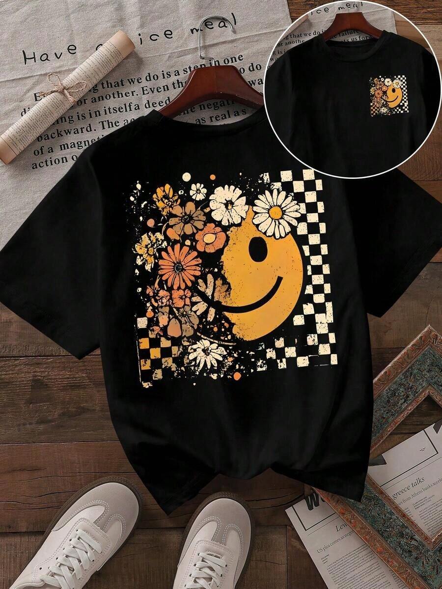 Camiseta Casual de Mujer con Estampado Floral y Cara Sonriente, Camiseta de Otoño, Camiseta de Otoño con Sublimación de Calabaza, Camiseta de Acción de Gracias, Camiseta de Otoño, Camiseta de Calabaza, Camiseta Estilo Bohemio, Camiseta Floral Negra de Verano - Negro - Ver 1