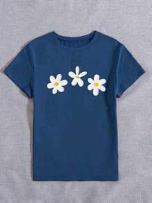 Camiseta cómoda de mujer con estampado de rayas y flores de margarita, cuello redondo, manga corta, minimalista y versátil para uso casual - Azul marino - Ver 5