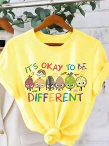 "It's OK To Be Different" T-Shirt, Gift For Neurodiversity, Special Education T-Shirt, AAC Teacher T-Shirts, Graphic Print T-Shirt, Women's Casual Short Sleeve Top - 黃色 - 查看 1