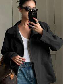 Chaqueta cortavientos de mujer de un solo botonadura de manga larga y unicolor, ropa de mujer de otoño - Negro - Ver 3