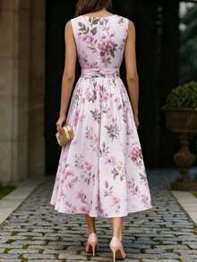 Vestido de gasa floral vintage elegante de largo medio, sin mangas con cuello en V y falda acampanada, para mujeres de vacaciones - Púrpura malva - Ver 2