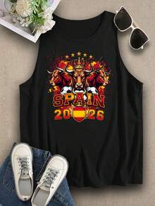 Spain Bull Crown Flag Stars Summer Tops Summer Clothes, Blokecore Women's Tank Top, Vintage Football Jersey Tee 90s Retro Graphic Tee Style, Cotton Blend Soft Breathable Sleeveless T Shirt, Fan Essential All-Match Summer Top Pair - 黑色 - 查看 2