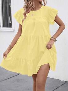 QRHJKa Vestido de Verano para Mujer, Color Sólido, Cuello Redondo, Estilo Babydoll Holgado con Volantes, Traje de Playa para Vacaciones, Vestido Casual Amarillo para Mujer, Vestido de Vacaciones, Ropa de Verano para Mujer - Blanco - Ver 11