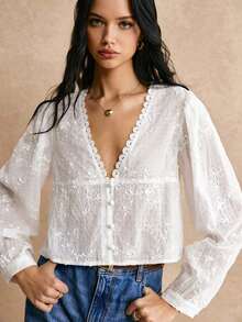 Blusa de manga larga con cuello en V y bordado floral, adecuada para salidas casuales, blusas de manga larga - Blanco - Ver 6