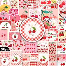 Conjunto de 90 adesivos de flor de cerejeira, adesivos coloridos de PVC com estampas fofas de cereja, ideais para laptops, cadernos, garrafas de água e presentes, perfeitos para amantes da gastronomia, entusiastas da estética e apreciadores de um ambiente aconchegante. - Multicolorido - Ver 12
