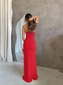 Summer Beach Vacation Dating Ladies' Strapless Wrapped Ruching Slit Dress With Ruffle Decoration, 3D Flower Decor, Sexy, Elegant And Sweet, Light Yellow,Pastel Dresses For Women - 紅色 - 查看 2