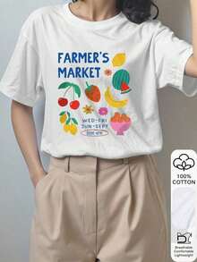 Camiseta de verano para mujer, 100% algodón con estampado "Mercado de Agricultores", manga corta, ropa casual de verano, camisetas de verano, blusas blancas, algodón de manga corta, adecuada para salidas al aire libre y uso urbano, unisex. - Blanco - Ver 3