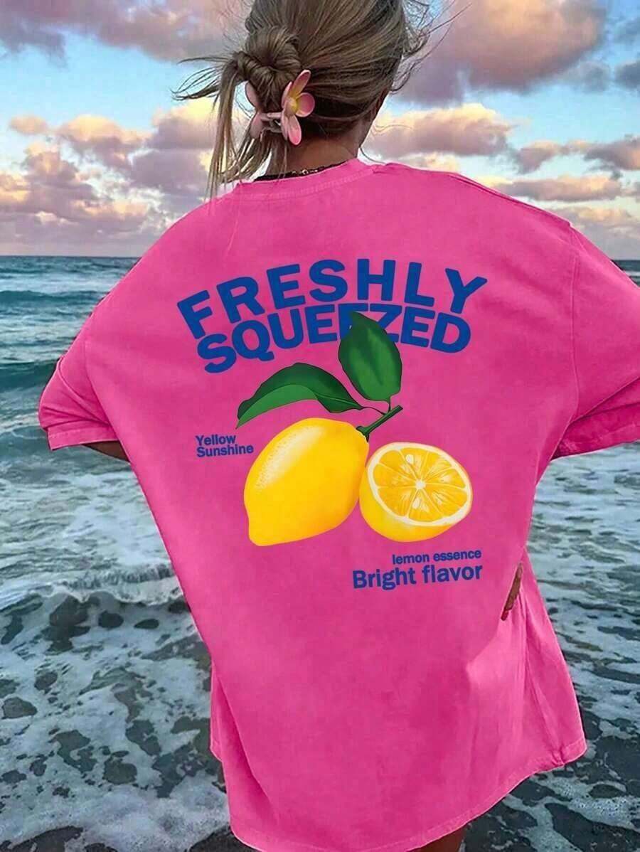 FRESHLY SQUEEZED Casual Short Sleeve Crew Neck T-Shirt With Lemon Vacation Graphic Print, Plus Size, Unisex, Casual Short Sleeve T-Shirts For Men And Women, 100% Cotton - 杏色 - 查看 1