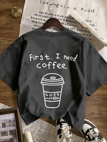 Camiseta de mujer con estampado gráfico "Primero.Necesito café.de cuello redondo y manga corta, de ajuste relajado y casual, versátil, adecuada para uso diario y vacaciones de verano - Gris Oscuro - Ver 4