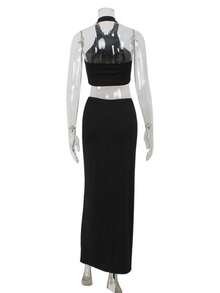 Conjunto de top halter y falda larga con abertura color liso elegante y cómodo - Negro - Ver 6