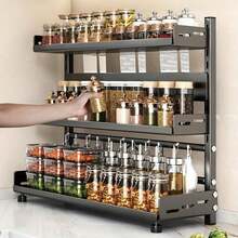 Questo pratico scaffale da cucina a tre ripiani presenta un'altezza regolabile, una grande capacità ed è un'unità di stoccaggio multifunzionale e salvaspazio, adatta per appartamenti, cucine e sale da pranzo. - nero - Visualizzare 6