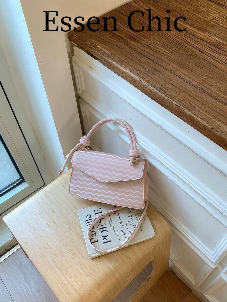 1pc Pink Wavy Pattern PU Small Square Handbag, Women's Spring Tote Bag With Shoulder Strap - Pink - View 1