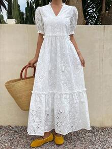 Vestido largo de manga abullonada con cintura anudada, escote bordado y volantes calados, vestido de playa bohemio para vacaciones - Blanco marfil - Ver 5