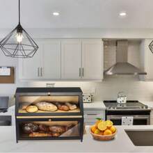 Double-Layer Bamboo And Wood Bread Storage For Kitchens Household Countertop  Double-Door Layered Design Features A Transparent Flip-Top Top Capacity To Store Multiple Types Of Bread Baked Goods Simultaneousl The Top Shelf Can Also Hold Spice Jars - View 8