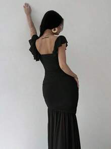 Vestido ajustado de malla verde con drapeado y volante en el bajo, elegante para mujer, apropiado para fiestas, vacaciones, festivales de música, bodas, almuerzos, Día de San Patricio, vestidos largos de estilo bohemio, vestidos de graduación, atuendos de playa, atuendos de aeropuerto - Negro - Ver 4