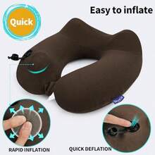 Inflatable Travel Neck Pillow For Airplane, Head Support Velvet Adult Neck Pillow For Long Flight, Kit With Eye Mask, Earplugs And Storage Bag, 1, Brown - Brown - View 3