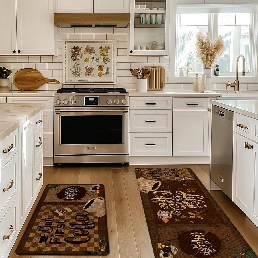 1pc Coffee Pattern Printed Linen Kitchen Rug, Carpet, Mat, Bathroom Mat, Doormat, 3D Printed Rectangular, Suitable For Living Room, Bedroom, Hallway, Bathroom, Laundry Room - Polyester Carpet, Suitable For Indoor And Outdoor Home Decor - Multicolor - View 1
