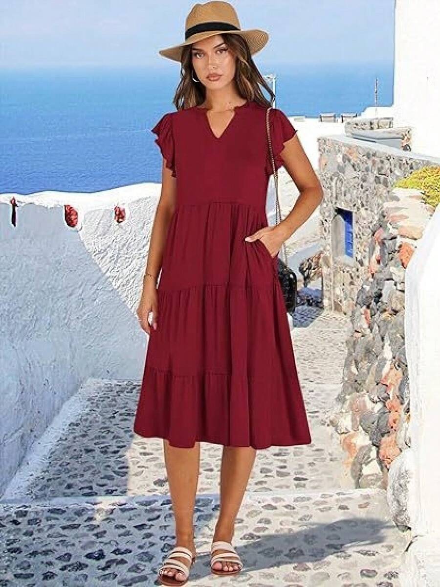 2026 Women's V-Neck Midi Dress With Ruffled Sleeves And Large Pockets, Casual Women's Dress, Summer Dress - Burgundy - View 1