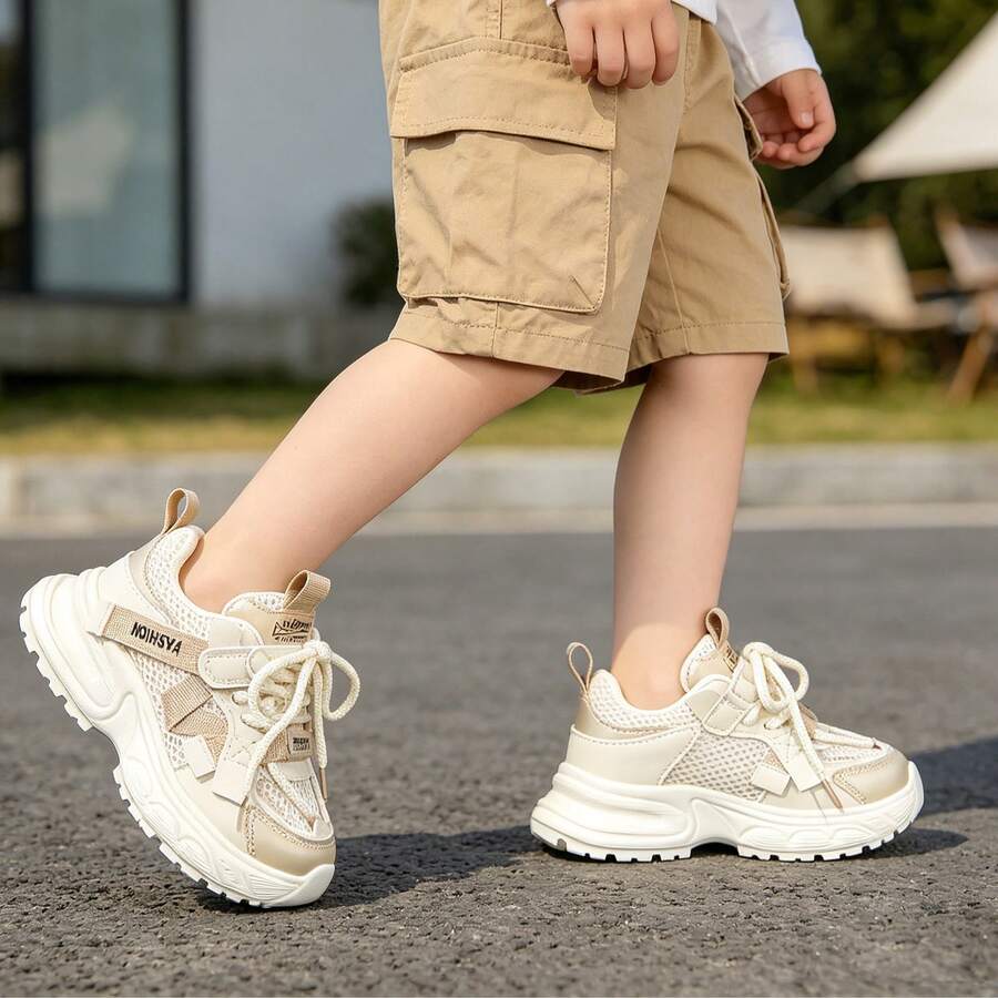 Toddler Kids Breathable Mesh Chunky Sneakers, Boys Girls Non-Slip Lightweight Casual Dad Shoes For Running Walking - 米色 - 查看 1