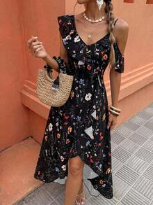 Vestido de flores con volantes asimétricos elegante de verano - Negro - Ver 4