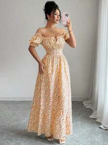 vestido de mujer con estampado digital, mangas abullonadas, nudo delantero, espalda descubierta y cintura ceñida.Elegante y chic para vacaciones, citas, estilizador y adelgazante - Naranja - Ver 6