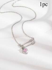 1pc Fashion Safety Pin Heart Pendant Necklace For Women, Stainless Steel Chain, Copper CZ Pendant, Daily Wear, Valentine's Day Gift - Pin - View 6