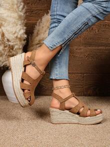 New Women's Wedge Thick Bottom Sandals, Fashion Versatile Hollow Wedge Sandals, Suede Woven Thick Bottom Strap Open Toe Casual Shoes - Brown - View 4