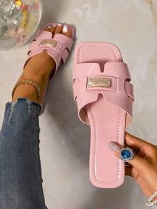 Ximi Ruo New Spring/Summer Fashion Casual Strap Slide Sandals, Comfortable Flat Heel Round Toe Slip-On Beach Slippers, Versatile Decorative Flat Sandals For Summer - Baby Pink - View 1