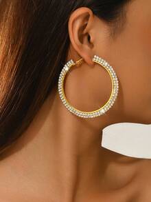 1 Pair Oversized Crystal Hoop Earrings, Double Row Rhinestone Embedded Open Hoops, Exaggerated Earrings For Women, Suitable For Brides, Cocktail Parties And Valentine's Day - Gold - View 4
