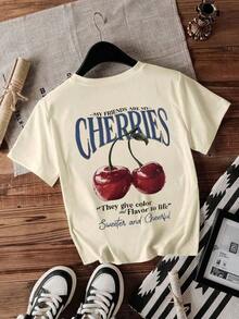 Mi mejor amiga es mi camiseta de cuello redondo con estampado de fruta en forma de cereza para mujeres - Beis 2 - Ver 2