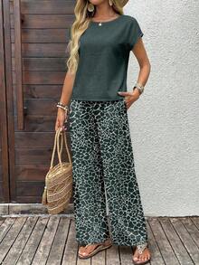 Set de 2 piezas con top de manga corta y pantalón de pierna ancha con estampado geométrico para mujer - Multicolor 2 - Ver 3