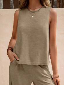 Faunlyn Top tank unicolor & Pantalones de pierna ancha - Caqui - Ver 6