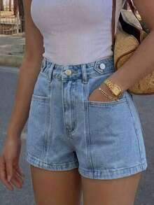 Nuevos shorts vaqueros de mujer con encaje, ligeramente elásticos, de estilo casual para el verano - Azul lavado medio - Ver 1