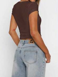 Blusa ajustada y sexy de punto para mujer , camiseta casual de cuello cuadrado de unicolor, primavera/verano - Marrón - Ver 5