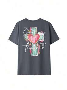 Camiseta Ligera de Verano con Estampado de Letras y Cruz Dibujadas a Mano, Camiseta Religiosa Cristiana con la Frase "Dios Siempre Es Bueno", Ropa de Fe Casual de Manga Corta y Cuello Redondo, Blanca - Gris Oscuro - Ver 3