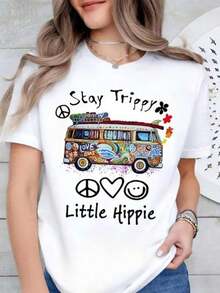 1 pieza Camiseta con estampado de "Hippie Car Stay Little Hippie", Camiseta con diseño de Hippie, Camiseta "Hippie Soul", Camiseta de viaje, Estilo boho, 180g, 100% algodón - Blanco 8 - Ver 6