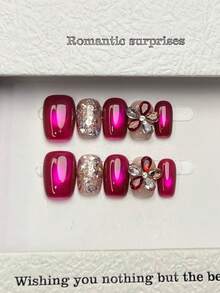 10pcs Handmade Square Nail Stickers, Minimalist Rose Pink, Shiny Cat ...