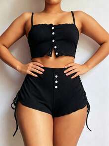 Women's Casual Drawstring Camisole And Shorts Pajama Set, Suitable For Spring, Summer And Autumn - Black - View 4
