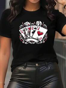 Camiseta de mujer de manga corta y cuello redondo con estampado de naipes - Estilo deportivo casual, suave y transpirable, 95 % poliéster 5 % elastano 180 g, personalidad fresca y única, de moda y llamativa, artículo de moda versátil - Negro - Ver 6