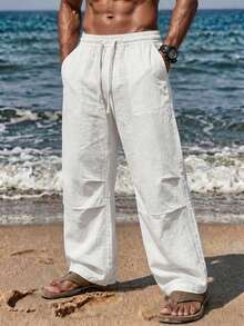 Herren Leinen Einfarbig Kordelzug Taille Gerade Beine Lässig Hose, Herren Kordelzug Hose, Herren Hose, Herren Urlaub, Herren Leinen Hose, Bohemian Stil Hose, Herren - Weiss - Übersicht 4