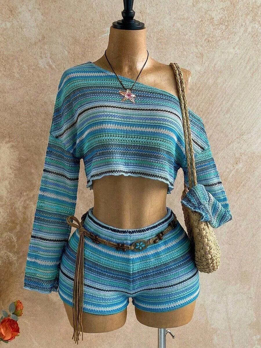 Conjunto de 2 piezas de top y shorts de cuello asimétrico de color sólido para mujer, estilo casual de vacaciones - Azul - Ver 1