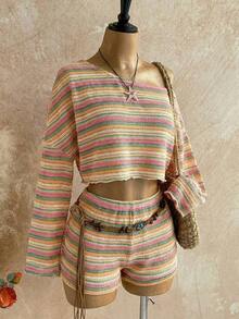 Casual 2-Piece Set Consisting Of A Cropped Top With An Irregular Neckline And Lettuce Hem, And Shorts, In A Solid Color, For Vacation, Spring/Summer - Multicolor 9 - View 2
