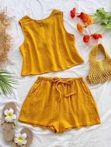 Top sin espalda con textura y lazo, holgado y casual para vacaciones, shorts casuales con elástico en la cintura y bolsillos, para playa y mar - Amarillo - Ver 12