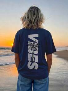 Women's Short-Sleeved T-Shirt With A Round Neck, Featuring A Minimalist Coconut Tree Print And Slogan. Simple And Versatile, Suitable For Everyday Wear And Vacations. Graphic T-Shirt, Women's, White, Black, Pink, Summer - 海軍藍 - 查看 5