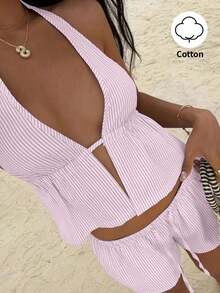 SunnyBelle Top sin espalda con escote profundo en V de cuello halter a rayas azul y blanco de lino, y shorts casuales sueltos con cordón a la cintura, conjunto veraniego sexy, lindo, elegante y romántico para mujer - Rosa - Ver 8