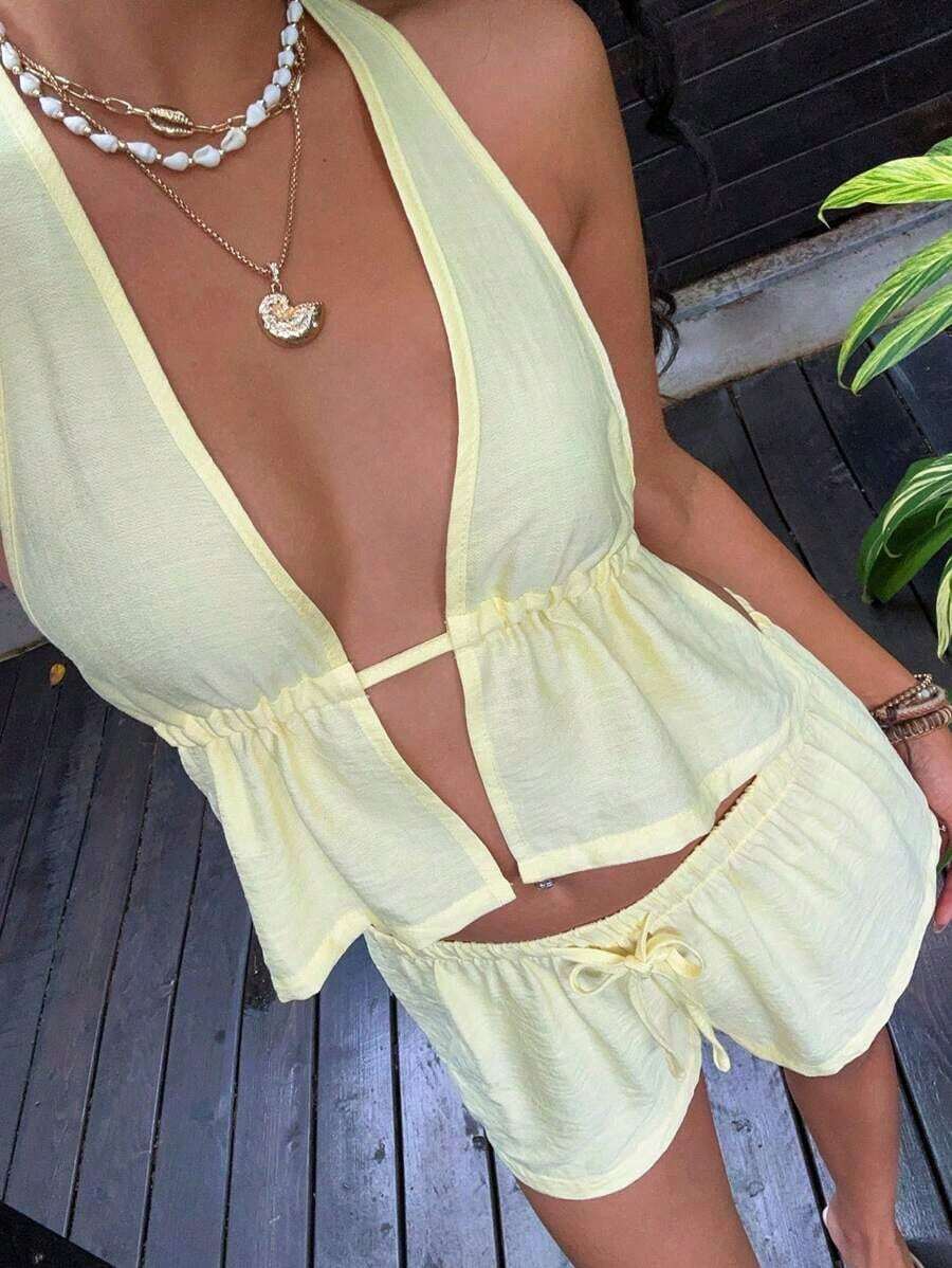 SunnyBelle Top sin espalda con escote profundo en V de cuello halter a rayas azul y blanco de lino, y shorts casuales sueltos con cordón a la cintura, conjunto veraniego sexy, lindo, elegante y romántico para mujer - Amarillo 2 - Ver 1