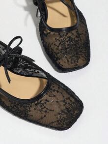 Women's White Ballet Flats With Bow Decor, Flower Embroidery, Breathable Mesh Vamp, Square Toe, Suitable For Wide Or Plump Feet, Summer Mary Jane Shoes - 黑色 - 查看 3