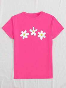 Camiseta de algodón 100% con cuello redondo, manga corta y estampado de perlas falsas, top casual de verano para mujer - Rosa Fucsia 2 - Ver 5