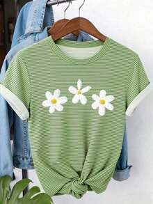 Camiseta de algodón 100% con cuello redondo, manga corta y estampado de perlas falsas, top casual de verano para mujer - verde militar 2 - Ver 1