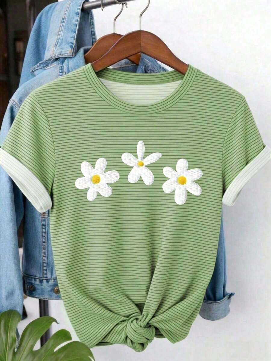 Camiseta de algodón 100% con cuello redondo, manga corta y estampado de perlas falsas, top casual de verano para mujer - verde militar 2 - Ver 1